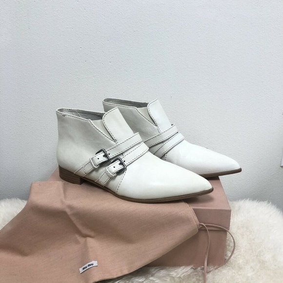NIB Miu Miu Leather Strap Buckle Aviator Pointed Saint Laurent Ankle Boots 38.5 - Picture 2 of 8